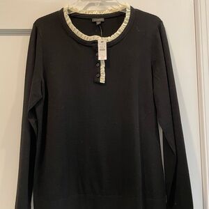 Talbots NWT Black Sweater Top with Cream Ruffle Trim L